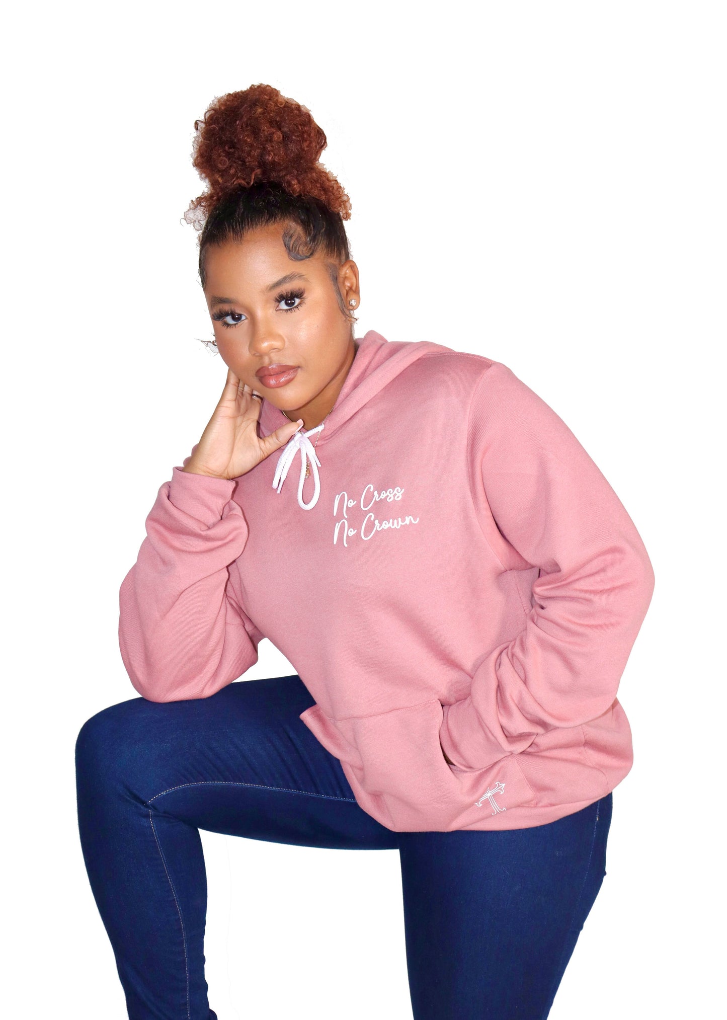 "No Cross No Crown" Cursive Hoodie - Mauve