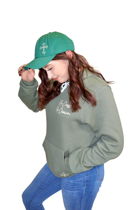 "No Cross No Crown" Cursive Hoodie - Military Green